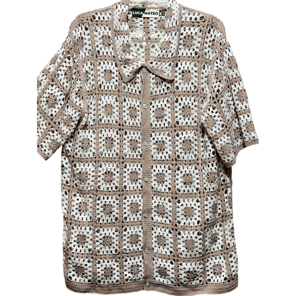 Luca Mateo Mens Crochet Knit Button Down Shirt Tan White Short Sleeve Size M